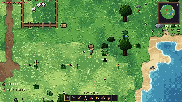 Eine grüne Wiese mit Blumen und Sonnenblumen, oben ein Zaun und ein Weizenfeld, rechts ein Sandstrand.