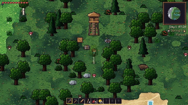 Ein dichter Eichen- und Kiefernwald mit einem hölzernen Wachturm und Pilzen zwischen den Bäumen.