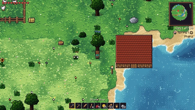 Eine Graslandschaft mit Blumen, einem Zaun und einer kleinen Hütte mit rotem Dach an einer Bucht.