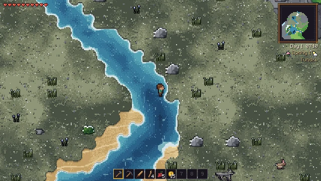 Graugrüne Tundra mit kleinen Steinen und einem Fluss; unten rechts steht ein Wolf.