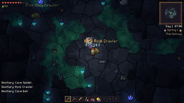 A fight in a cave against a rock crawler, a cave spider and a bat; a message says "dodged".