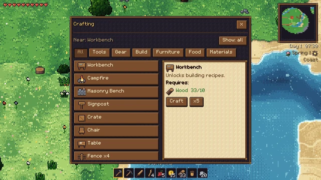 Das Handwerksfenster mit Kategorien links und dem Rezept der Werkbank samt benötigtem Holz rechts.