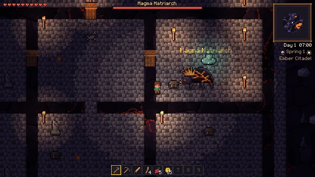 Eine tiefere Halle mit einem Magmawesen, der Magma Matriarch, und einer Boss-Lebensleiste oben.
