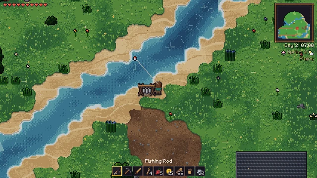 A fishing line cast into a river from the shore, with a message that a trout was caught.