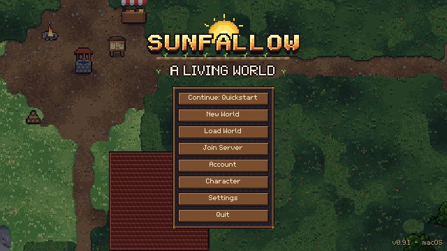 Das Hauptmenü: der Schriftzug SUNFALLOW mit dem Untertitel A LIVING WORLD über einem Menü mit Continue, New World, Load World, Join Server, Account, Character, Settings und Quit vor einem Dorf.