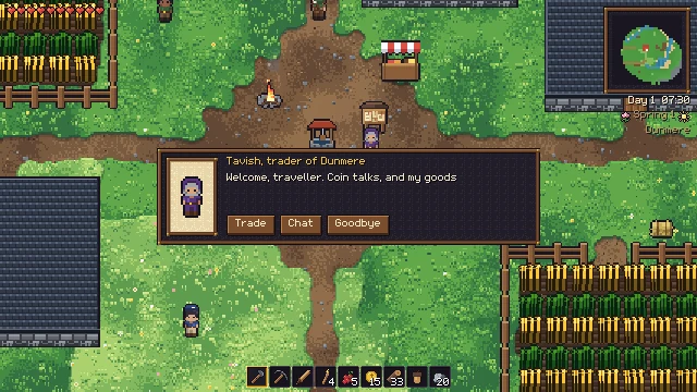 A dialogue window of the trader Tavish with the buttons Trade, Chat and Goodbye, in front of the village.
