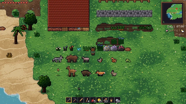 Wölfe, ein Bär, Rehe, Schafe, ein Fuchs, Hühner und weitere Tiere in einer Reihe auf Gras.