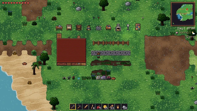 A row of crafting stations and furniture above a red-roofed house, with crops and a palm below.