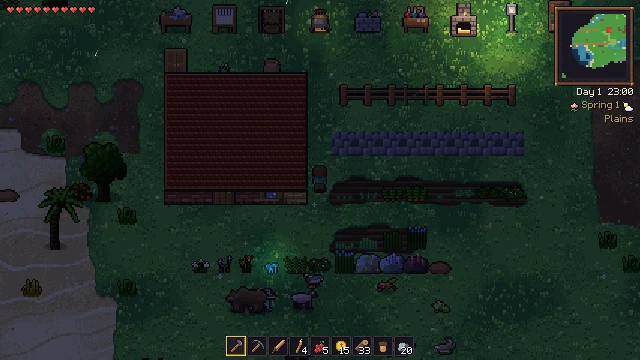 The showcase area at night, lit by a furnace and a lantern; a bear and other animals stand in the dark.
