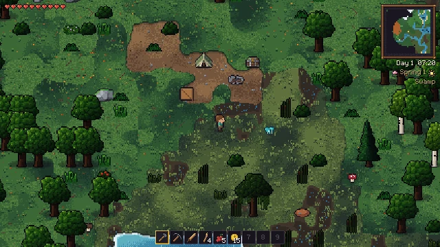An abandoned camp with a tent and crates at the edge of a swamp forest.