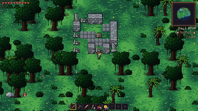 Stone ruins between jungle trees and palms.