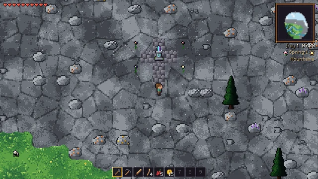 A stone shrine in rocky mountain terrain.