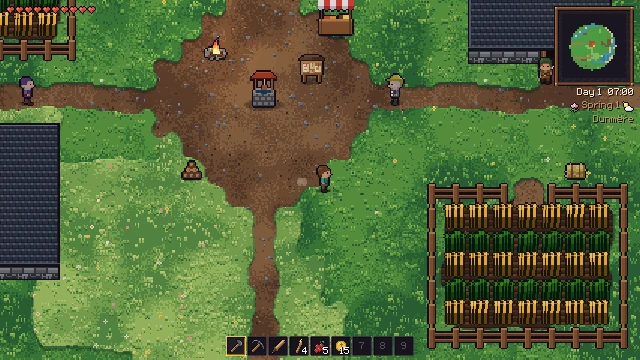 Ein Dorfplatz in Pixel-Art: Steinbrunnen, Lagerfeuer, Marktstand und Anschlagtafel, Dorfbewohner auf einem Erdweg, unten rechts ein eingezäuntes Weizenfeld.